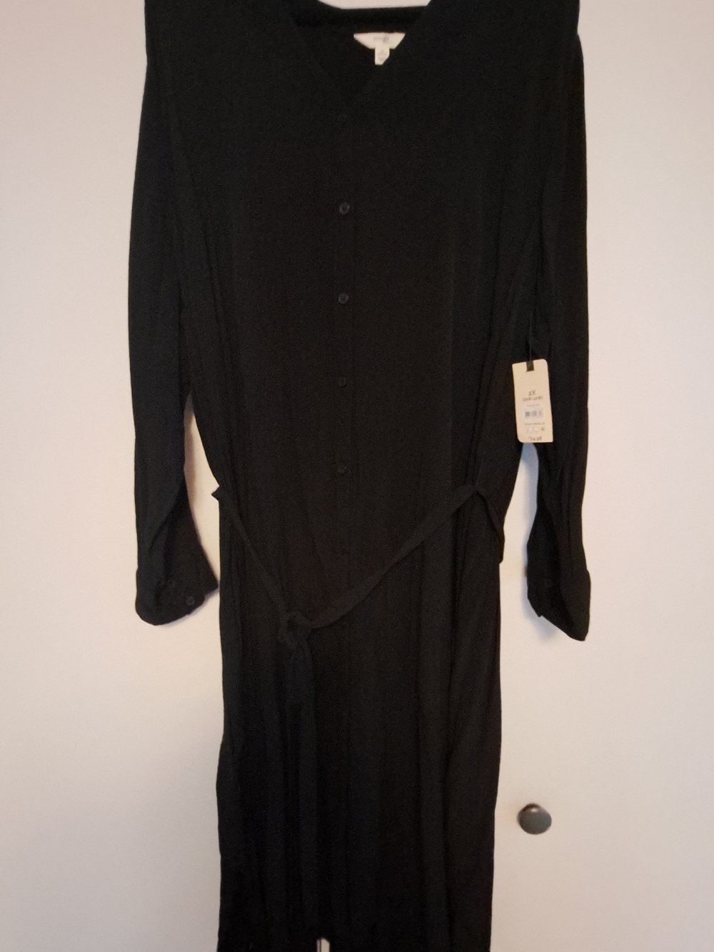 Black Terra & Sky Button-Front Long Sleeve Belted Dress Size 2X New